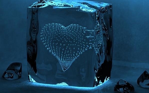 A heart design within a block of ice.