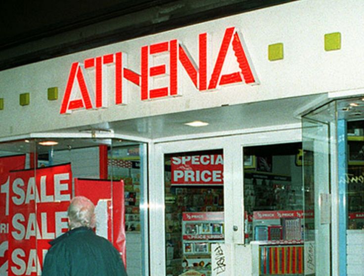 Athena poster shop with sale signs in the window