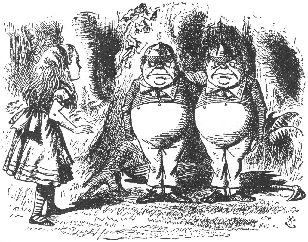 Sir John Tenniel's pen-and-ink illustration of Tweedledum and Tweedledee.