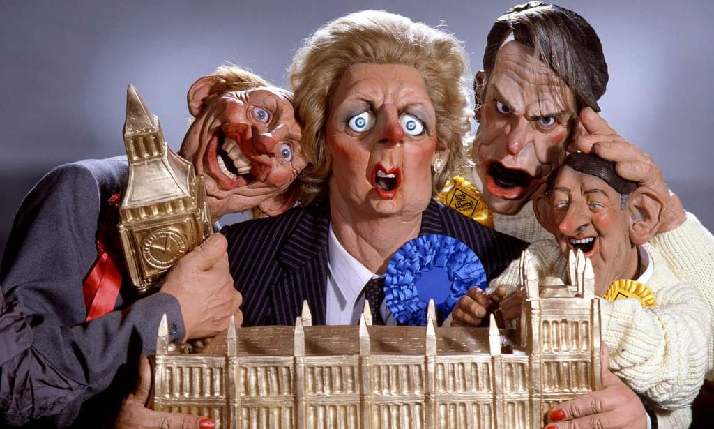 Spitting Image puppets of UK parliamentary party leaders from the 1980s: Neil Kinnock (Labour), Margaret Thatcher (Conservative), David Owen (SDP) and David Steel (Liberal).